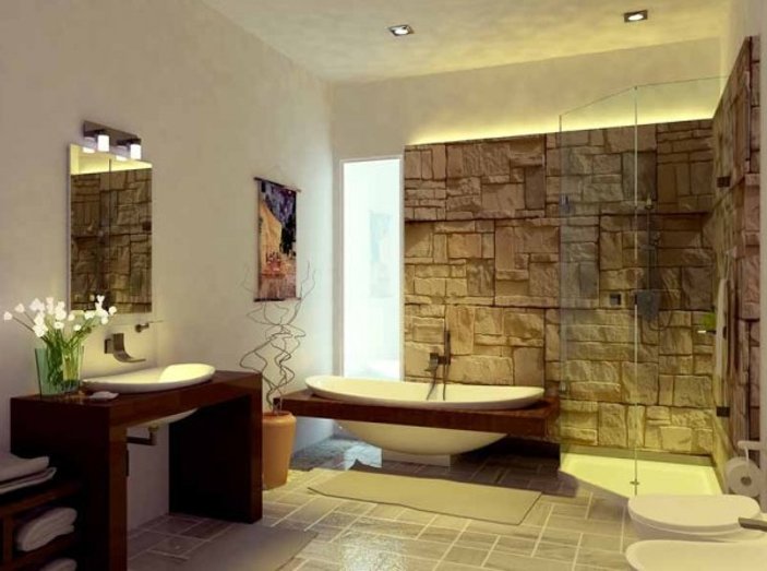 Taş kaplama duvarlar ile şık banyolar