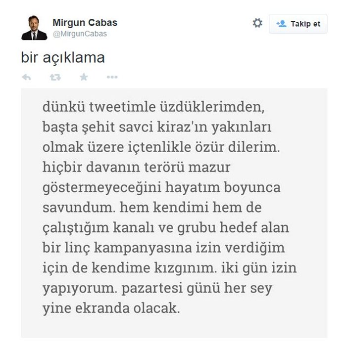Mirgün Cabas skandal tweeti için özür diledi