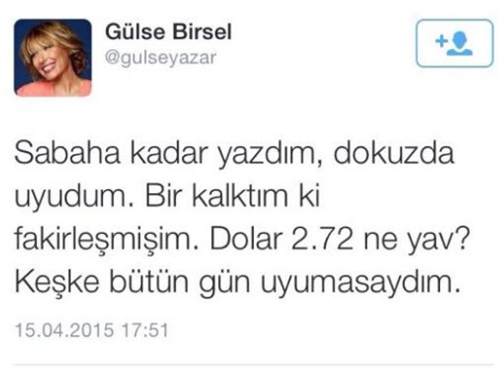 Gülse Birsel'den eyvah dolar yükseliyor tweet'i