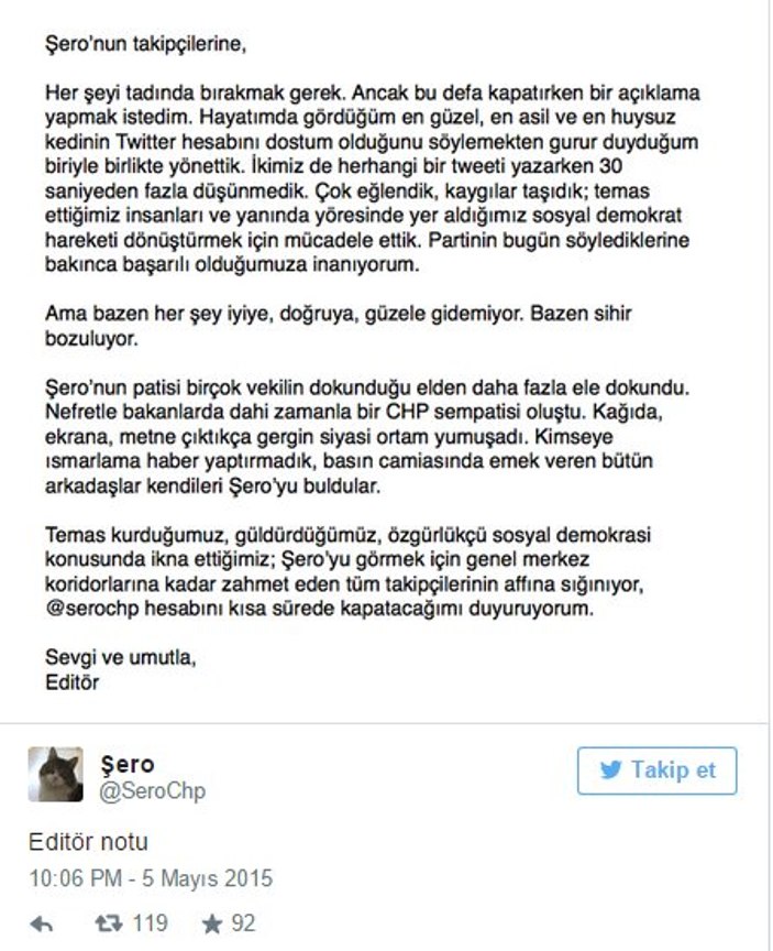 CHP'nin kedisi Şero'nun Twitter hesabı kapanıyor