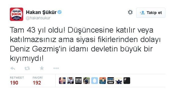 Hakan Şükür'den Deniz Gezmiş tweet'i