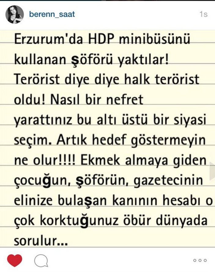 Beren Saat HDP'yle ilgili tweet attı sonra sildi