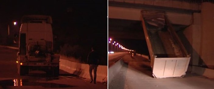 Ankara'da tırın damperi köprüde asılı kaldı