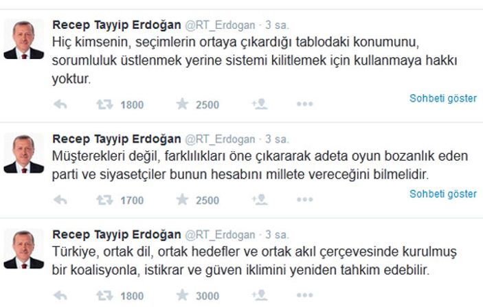 Cumhurbaşkanı Erdoğan’dan koalisyon tweetleri
