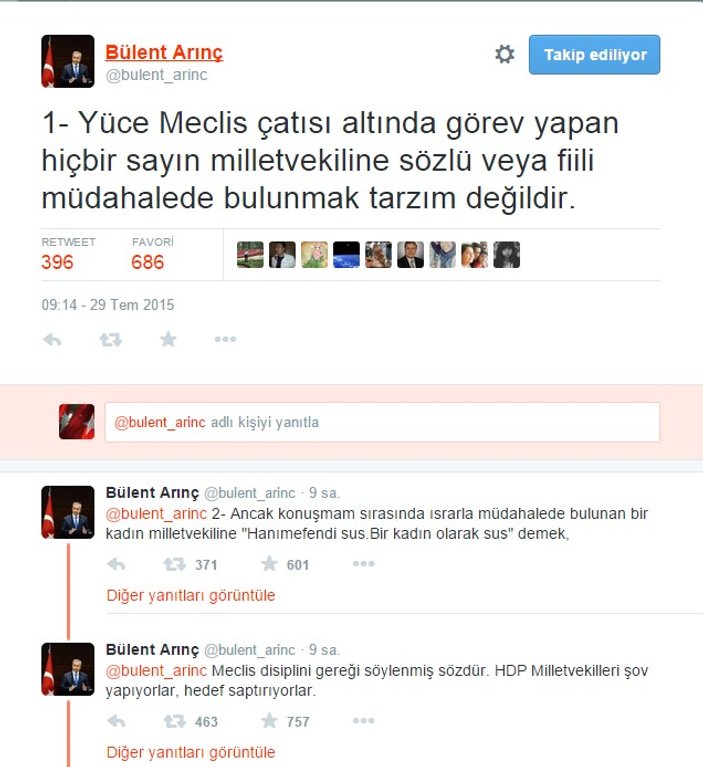 Arınç HDP'li kadın vekillerin tepkilerine yanıt verdi