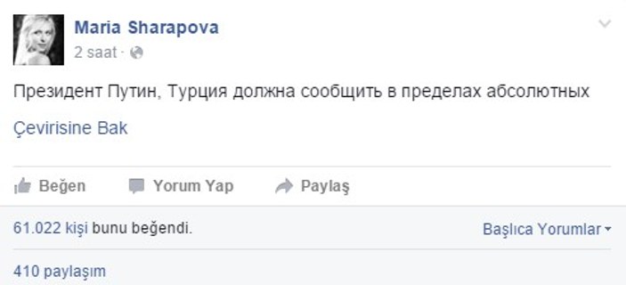 Sharapova: Putin Türklere haddini bildirsin