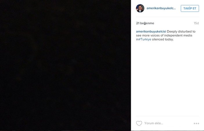 ABD büyükelçisi Instagram hesabını kararttı