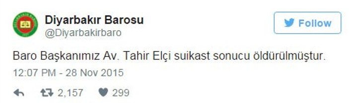 Diyarbakır Barosu: Tahir Elçi suikast sonucu öldürüldü