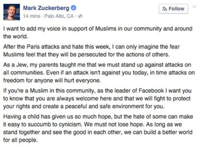 Facebook'un kurucusu Zuckerberg'den Müslümanlara destek