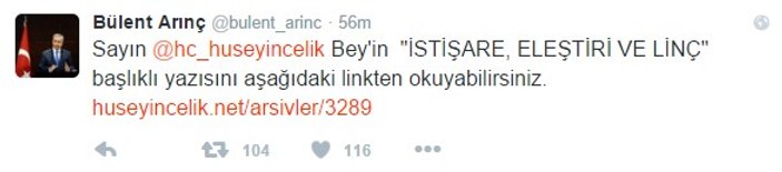 Hüseyin Çelik yazdı, Arınç retweet etti