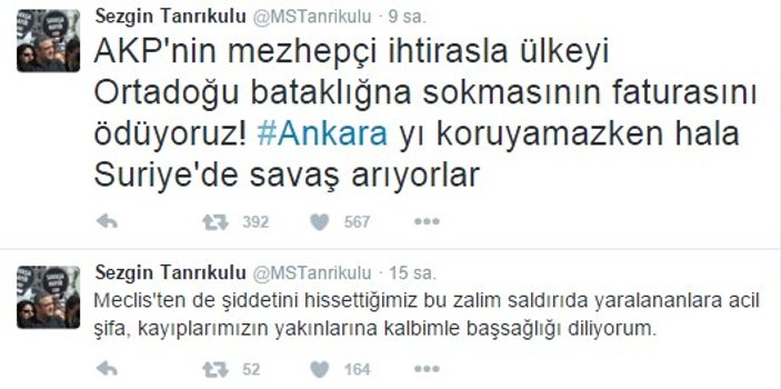 Sezgin Tanrıkulu Ankara saldırısının ardından tweet attı