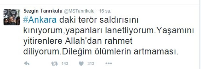 Sezgin Tanrıkulu Ankara saldırısının ardından tweet attı
