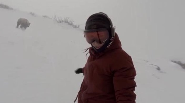 Snowboard yapan kadını ayı kovaladı İZLE