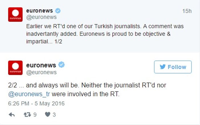 Euronews o tweeti yanlışlıkla paylaşmış