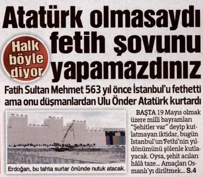 Sözcü İstanbul'un Fethi'ni Atatürk'e bağladı