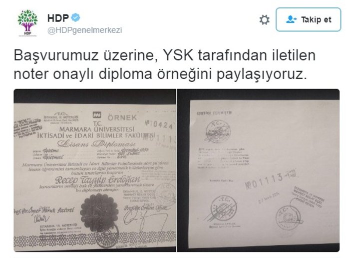 YSK gönderdi HDP Erdoğan'ın diplomasını paylaştı