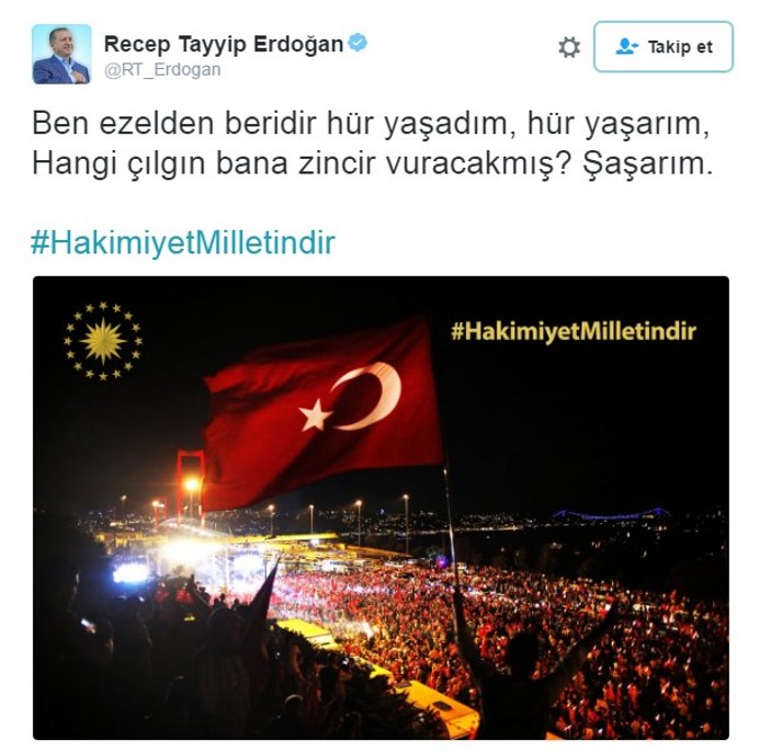 Cumhurbaşkanı Erdoğan'dan hakimiyet milletindir paylaşımı