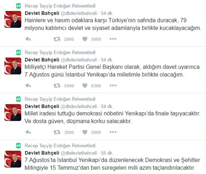 Cumhurbaşkanı Erdoğan Bahçeli'nin tweetlerini paylaştı