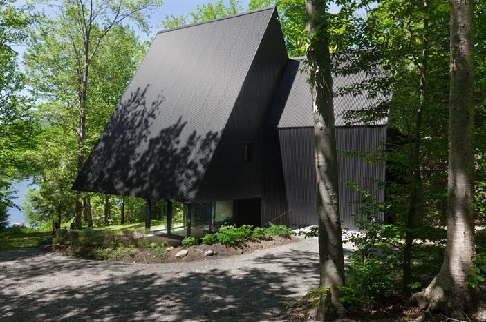 Kanada'da çam ormanı içindeki modern kulübe