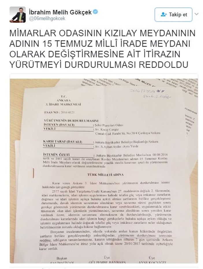 Mimarlar Odası'nın 15 Temmuz itirazına ret