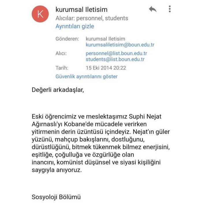 Boğaziçi'nden ölen PKK'lı öğrenci için mail