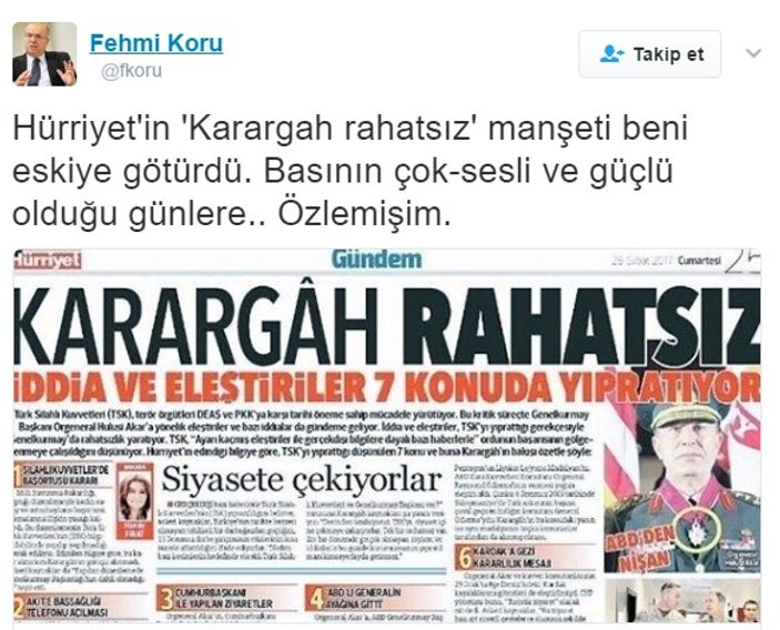 Fehmi Koru Hürriyet'in tartışmalı manşetini destekledi
