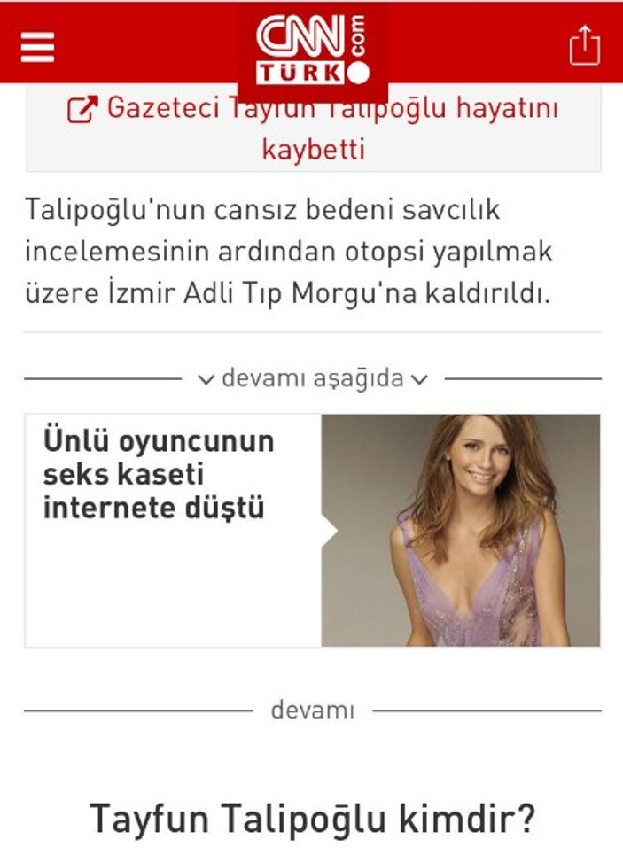 CNN Türk'ün seks haberiyle verdiği, Talipoğlu haberi
