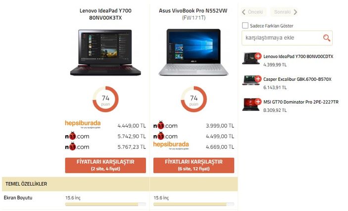 En çok karşılaştırılan laptoplar