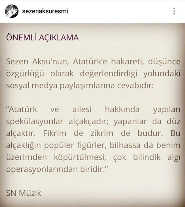 Sezen Aksu Atatürk'e hakaretle ilgili düşüncelerini yazdı