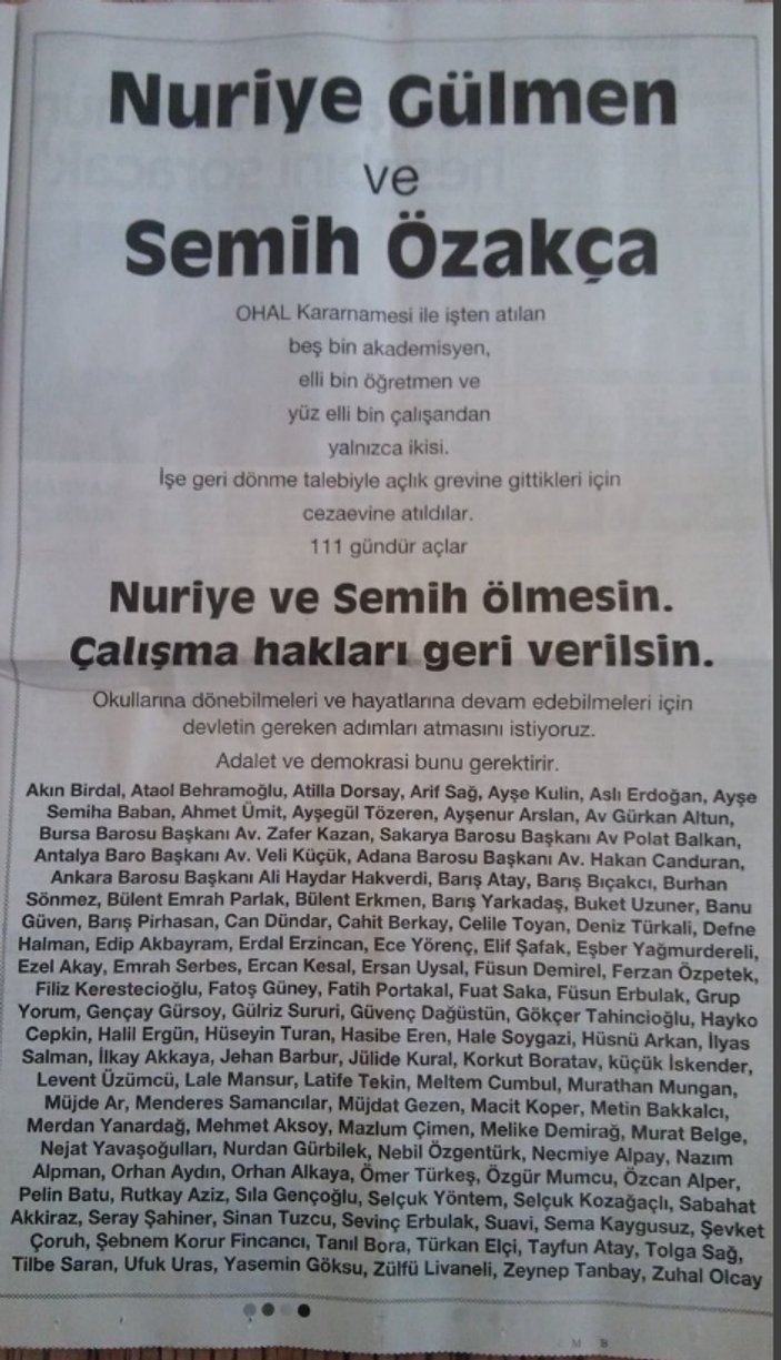 Nuriye Gülmen ve Semih Özakça için 111 isimden bildiri