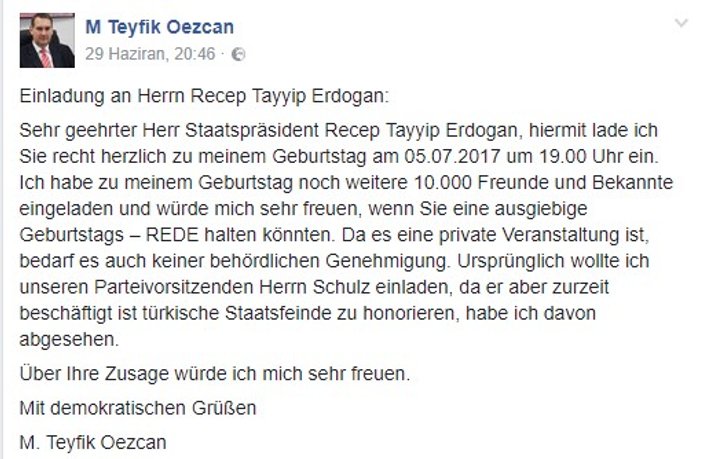 Erdoğan'a Almanya'dan doğum günü partisi daveti