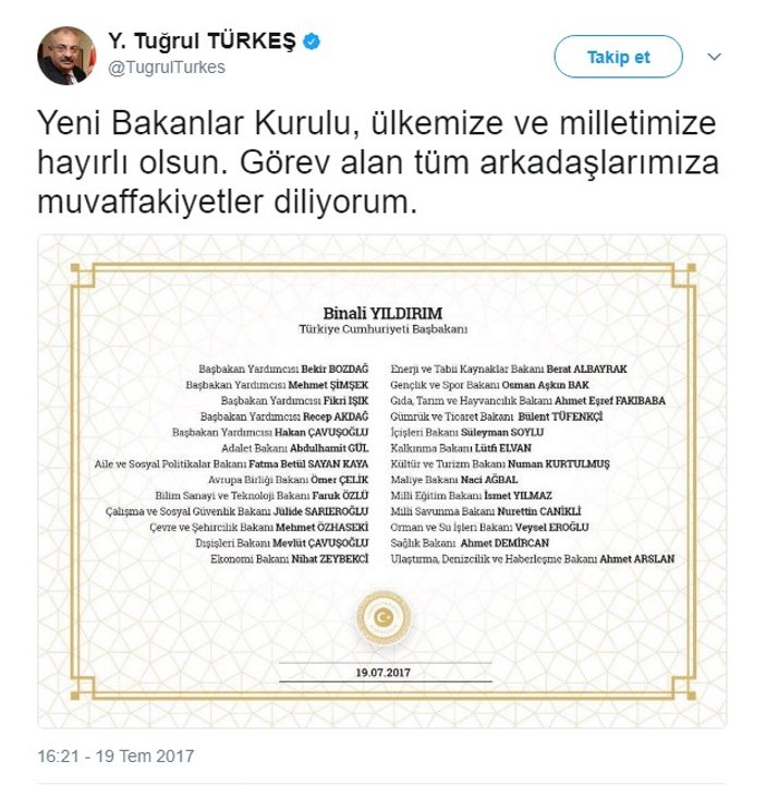 Türkeş'ten yeni kabineye tebrik mesajı