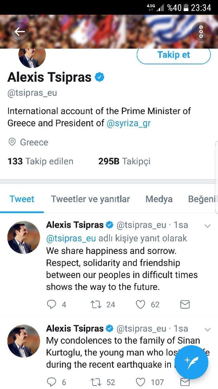 Yunanistan Başbakanı Çipras’tan taziye mesajı