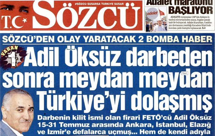 Sözcü'nün Adil Öksüz manşeti patladı