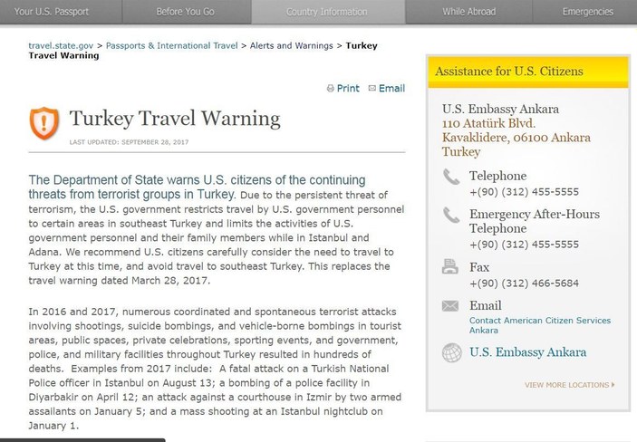 ABD'den Türkiye'ye seyahat uyarısı