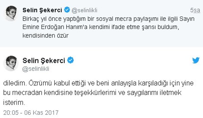 Selin Şekerci'den Emine Erdoğan hakkında özür mesajı