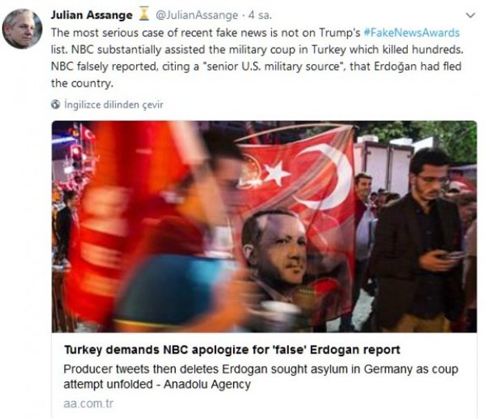 Assange: Türkiye için yalan haber yapan NBC ödül almalı