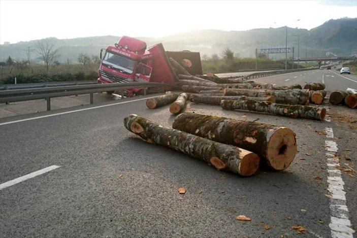 Ordu'da odun yüklü kamyon devrildi