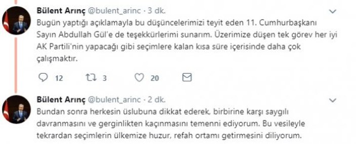 Bülent Arınç Abdullah Gül'e teşekkür etti