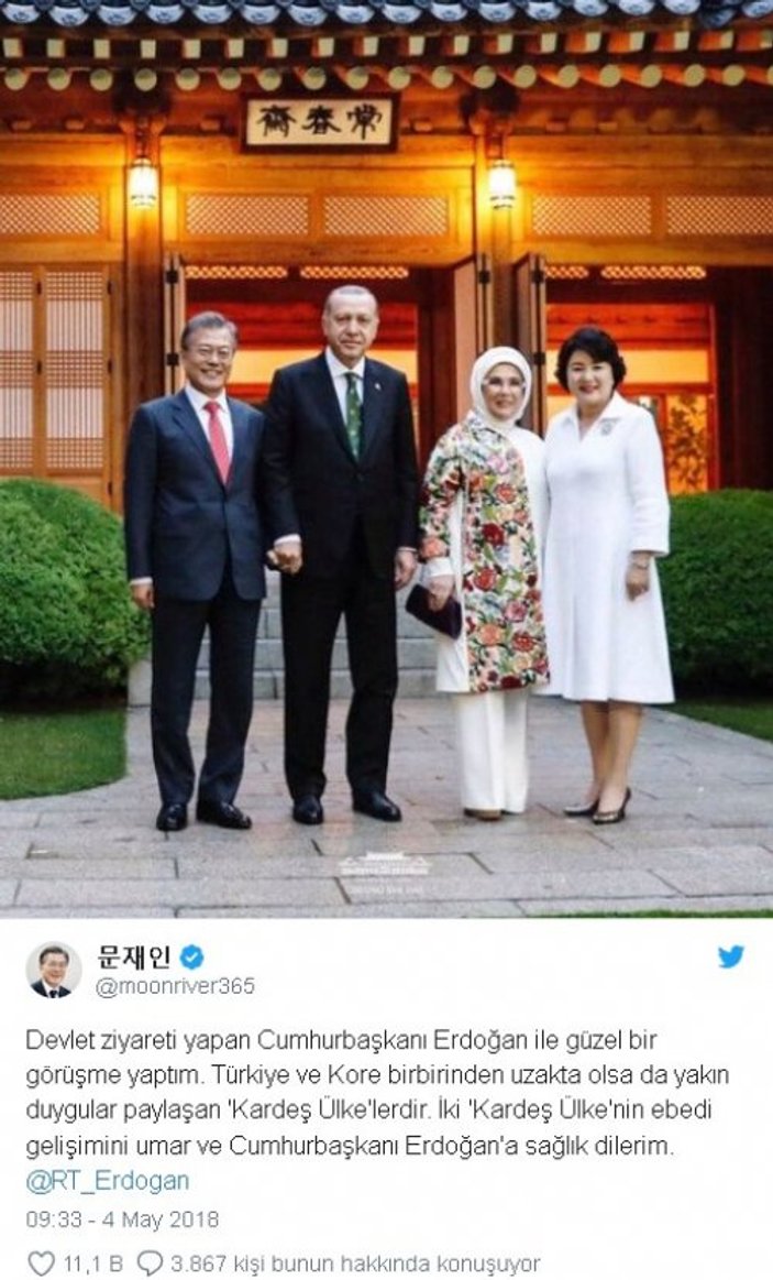 Erdoğan, Güney Kore liderinin tweetini paylaştı
