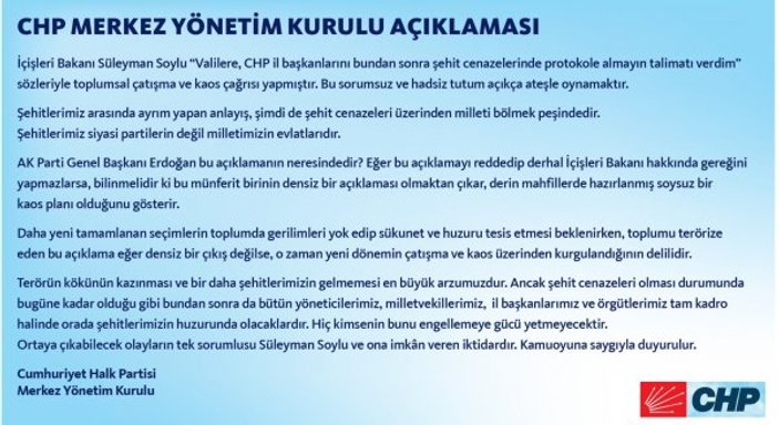 CHP Bakan Soylu'nun istifasını istedi