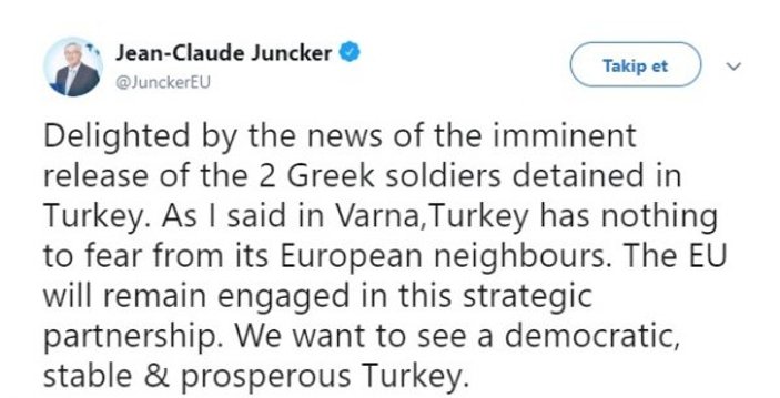 Juncker Yunan askerlerin serbest kalmasından memnun
