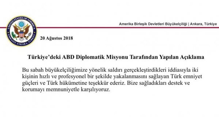 ABD Büyükelçiliği, Türkiye'ye teşekkür etti