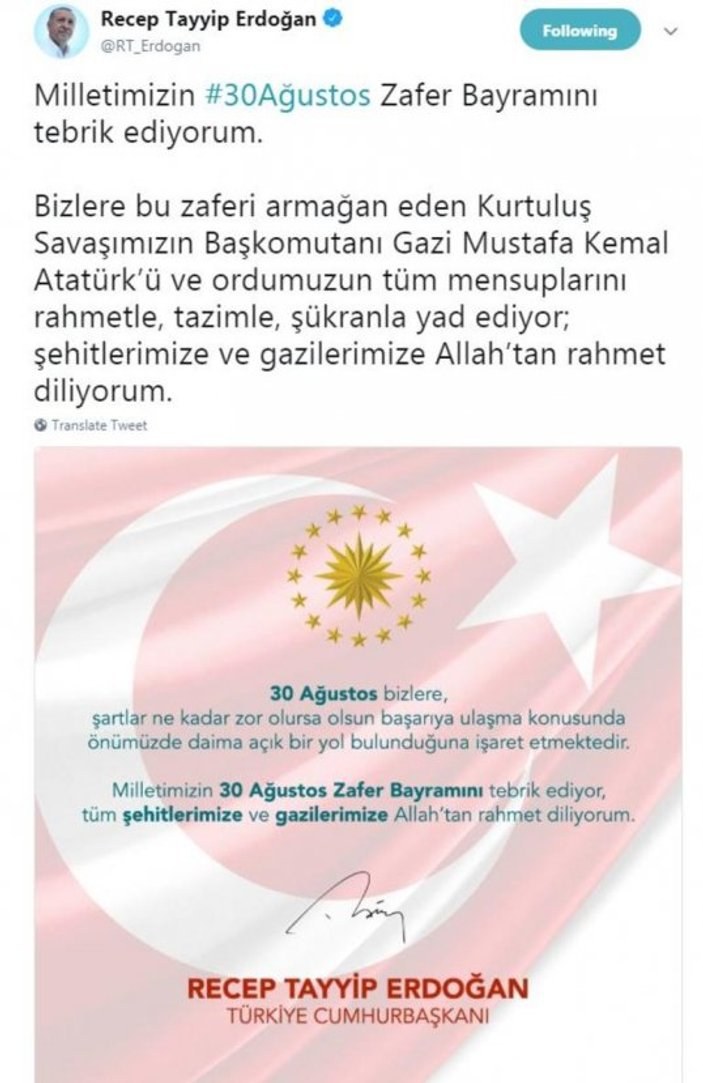 Cumhurbaşkanı Erdoğan'dan Zafer Bayramı mesajı