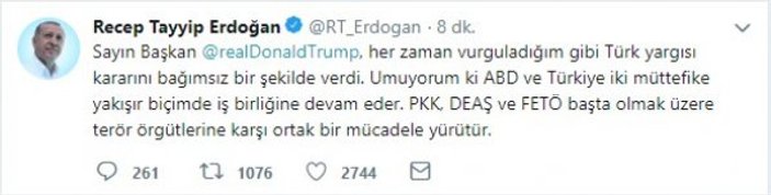 Erdoğan'dan Trump'a Brunson yanıtı
