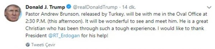 Trump'tan Başkan Erdoğan'a teşekkür