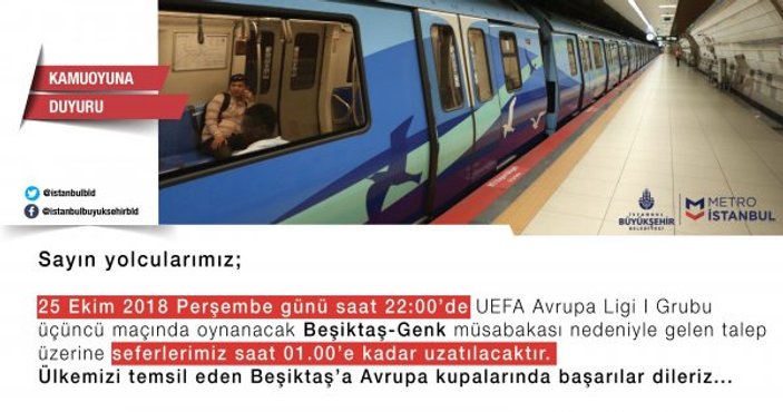 Beşiktaş- Genk maçı sebebiyle metro seferleri uzatıldı