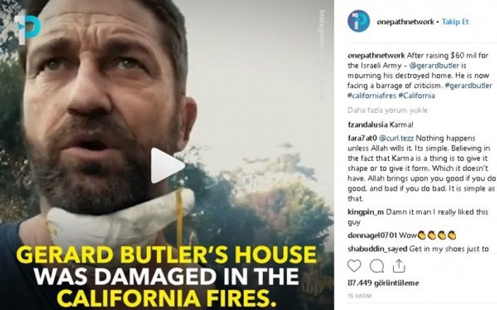 Evi yanan Hollywood aktörü Butler'a Filistin hatırlatıldı