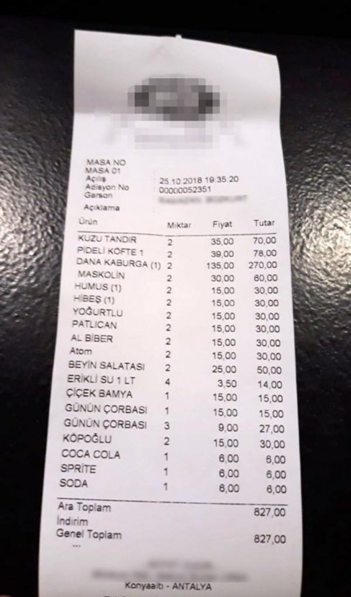 Antalya'daki et restoranında 827 liralık adisyon davası