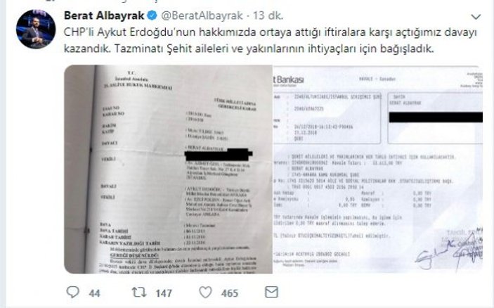 Berat Albayrak CHP'li Erdoğdu'ya açtığı davayı kazandı